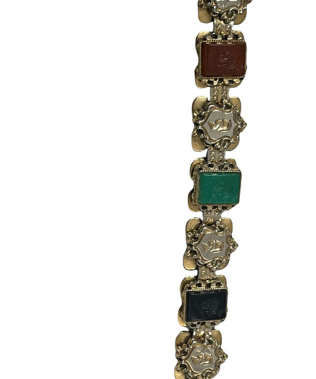 VTG Roman Soldiers Intaglio Carnelian Jade Onyx glass Gold Tone Bracelet- 1950's