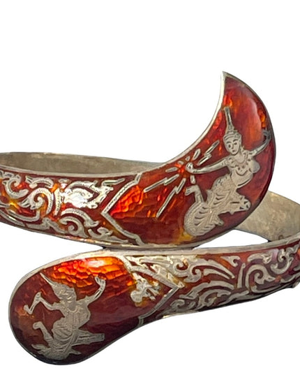 Vintage 1940s Sterling silver red enamel SIAM Niello Goddess Bangle bracelet