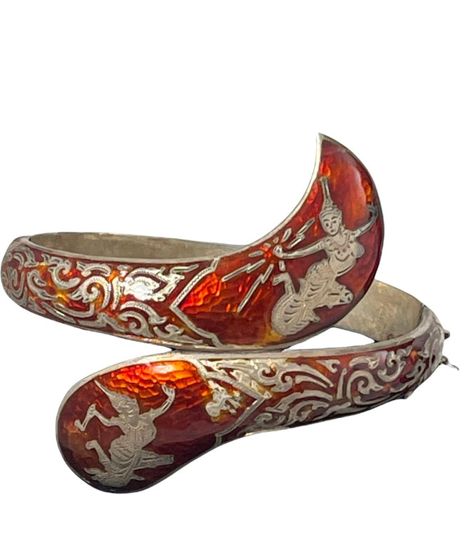 Vintage 1940s Sterling silver red enamel SIAM Niello Goddess Bangle bracelet