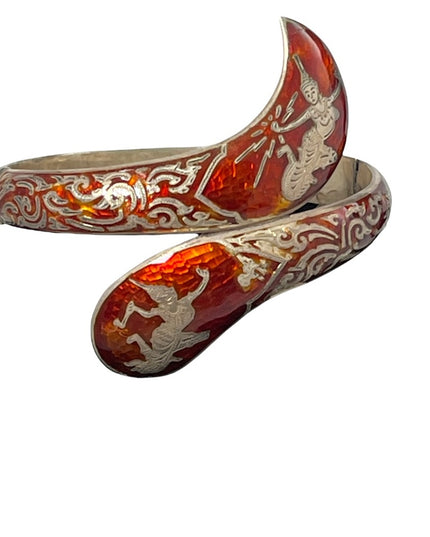 Vintage 1940s Sterling silver red enamel SIAM Niello Goddess Bangle bracelet