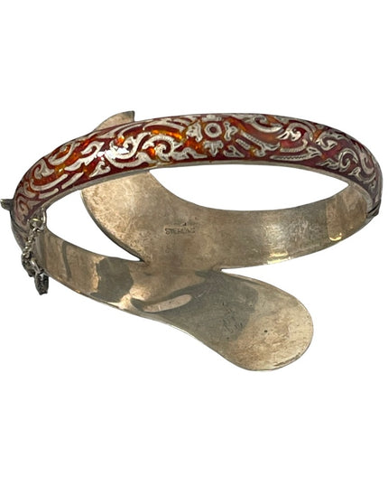Vintage 1940s Sterling silver red enamel SIAM Niello Goddess Bangle bracelet