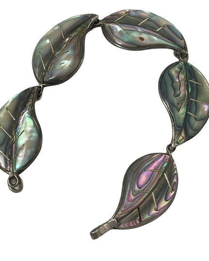 Vintage sterling silver abalone leaf link bracelet