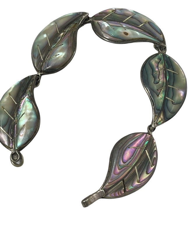 Vintage sterling silver abalone leaf link bracelet