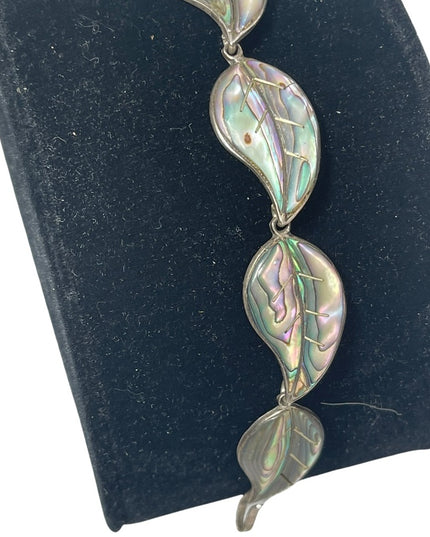 Vintage sterling silver abalone leaf link bracelet