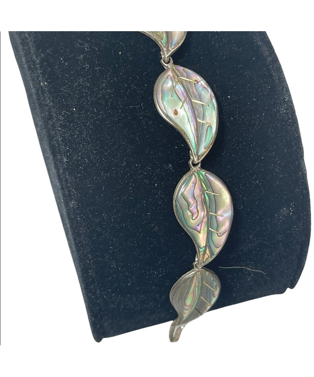 Vintage sterling silver abalone leaf link bracelet