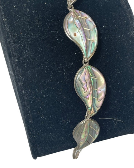 Vintage sterling silver abalone leaf link bracelet
