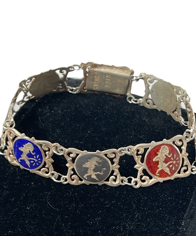 Vintage Siam Sterling multicolor enamel link bracelet 1940s goddess