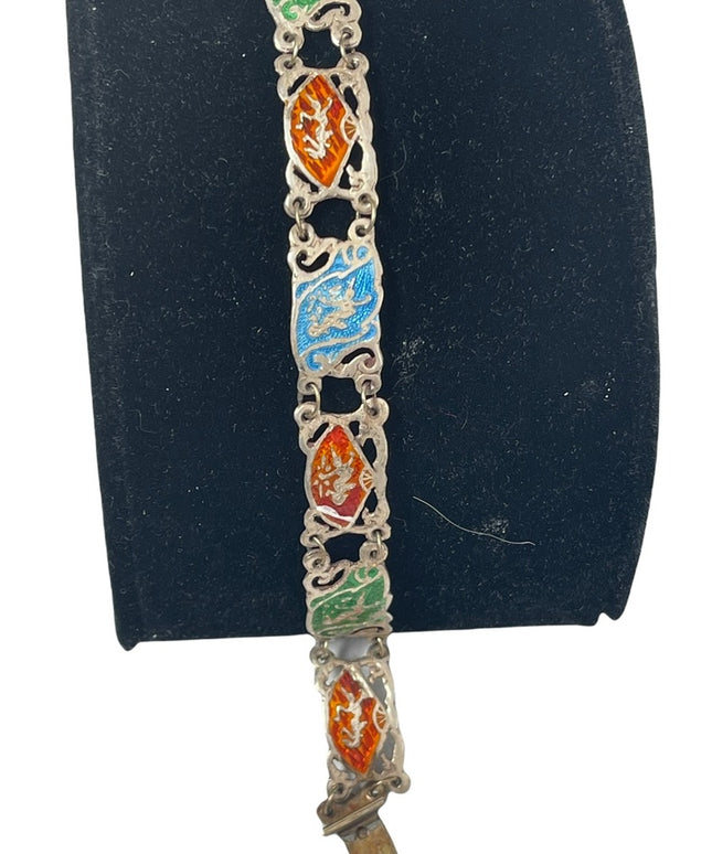 Vintage sterling silver Siam Multicolor enamel goddess bracelet