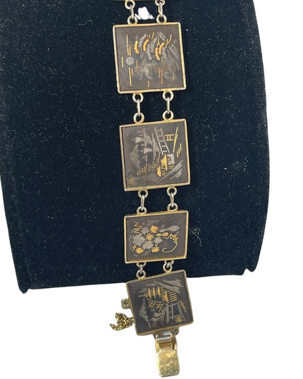 Vintage 1950s Amita Gold plt Damascene Japanese story book bracelet