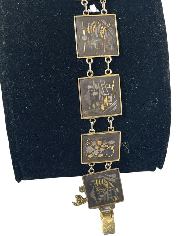 Vintage 1950s Amita Gold plt Damascene Japanese story book bracelet