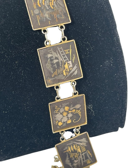 Vintage 1950s Amita Gold plt Damascene Japanese story book bracelet