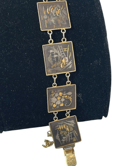 Vintage 1950s Amita Gold plt Damascene Japanese story book bracelet