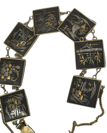 Vintage 1950s Amita Gold plt Damascene Japanese story book bracelet