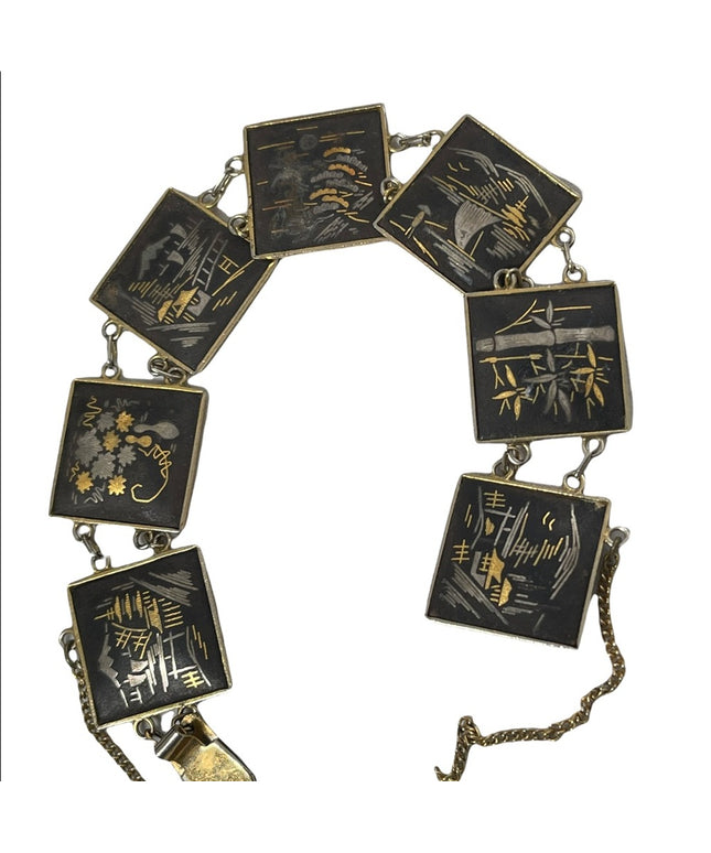 Vintage 1950s Amita Gold plt Damascene Japanese story book bracelet