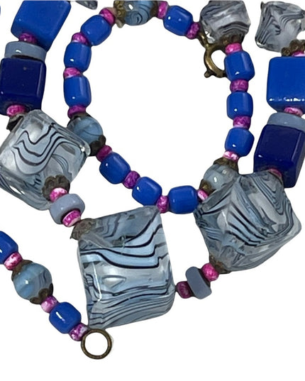 Vintage Murano Glass bead necklace blue square necklace