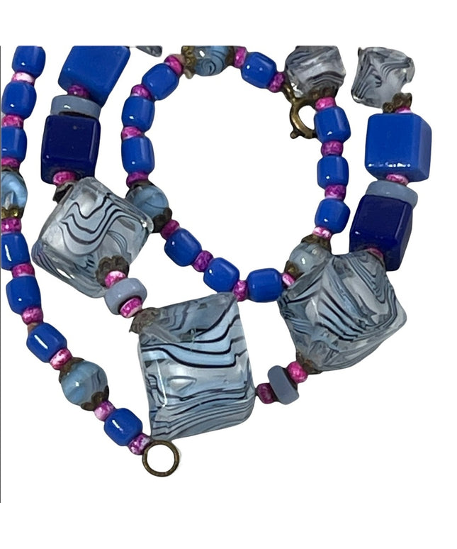 Vintage Murano Glass bead necklace blue square necklace