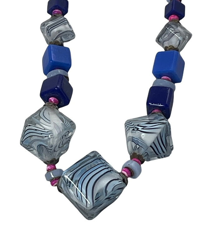 Vintage Murano Glass bead necklace blue square necklace