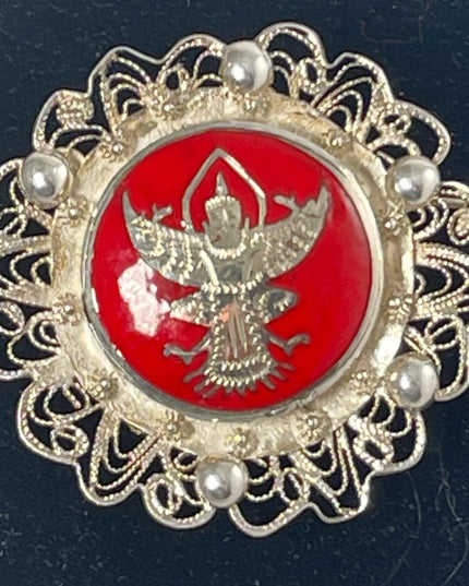 Vintage silver filagree sterling red enamel goddess brooch