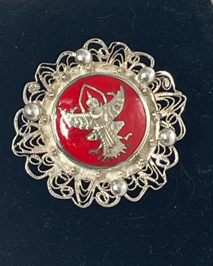 Vintage silver filagree sterling red enamel goddess brooch