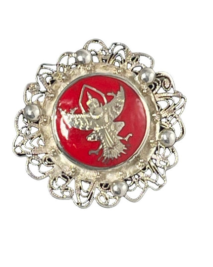 Vintage silver filagree sterling red enamel goddess brooch