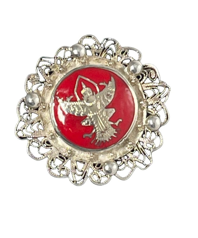 Vintage silver filagree sterling red enamel goddess brooch