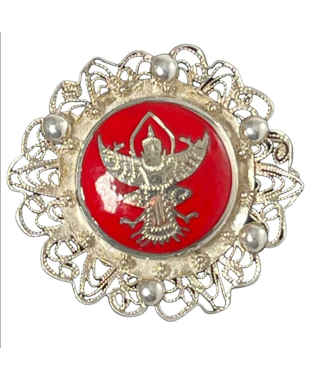 Vintage silver filagree sterling red enamel goddess brooch