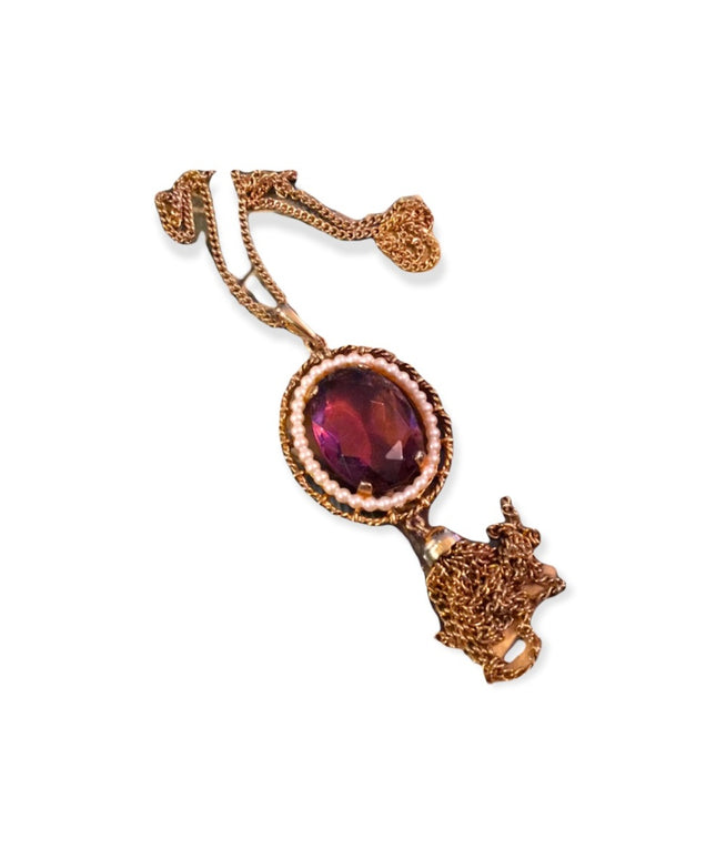 Vintage purple crystal Gold tone pendant necklace