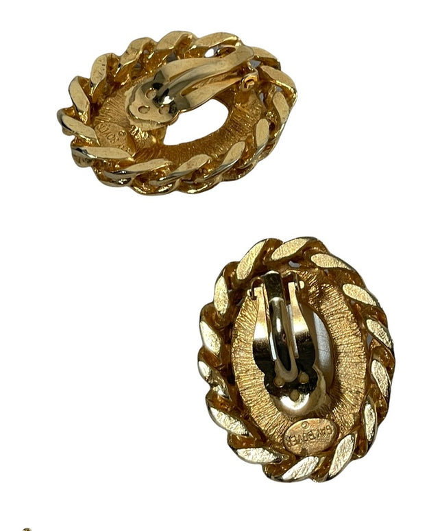 Vintage 1980s GAY BOYER Chunky faux pearl gold finish couture clip on earrings