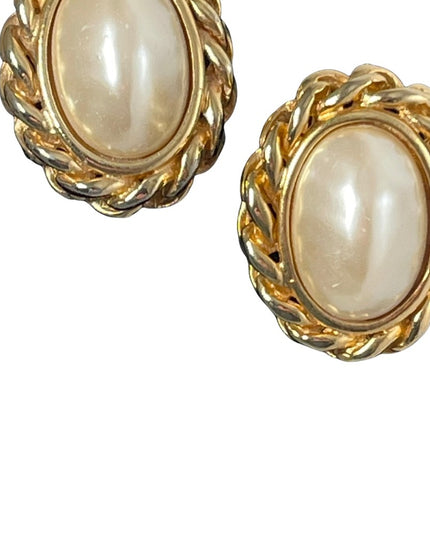 Vintage 1980s GAY BOYER Chunky faux pearl gold finish couture clip on earrings