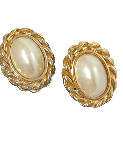 Vintage 1980s GAY BOYER Chunky faux pearl gold finish couture clip on earrings