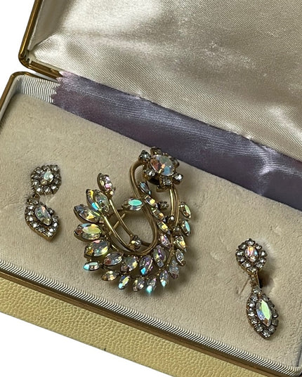 Vintage JAY FLEX Sterling AB brooch & screw back earrings Orig box 1950s