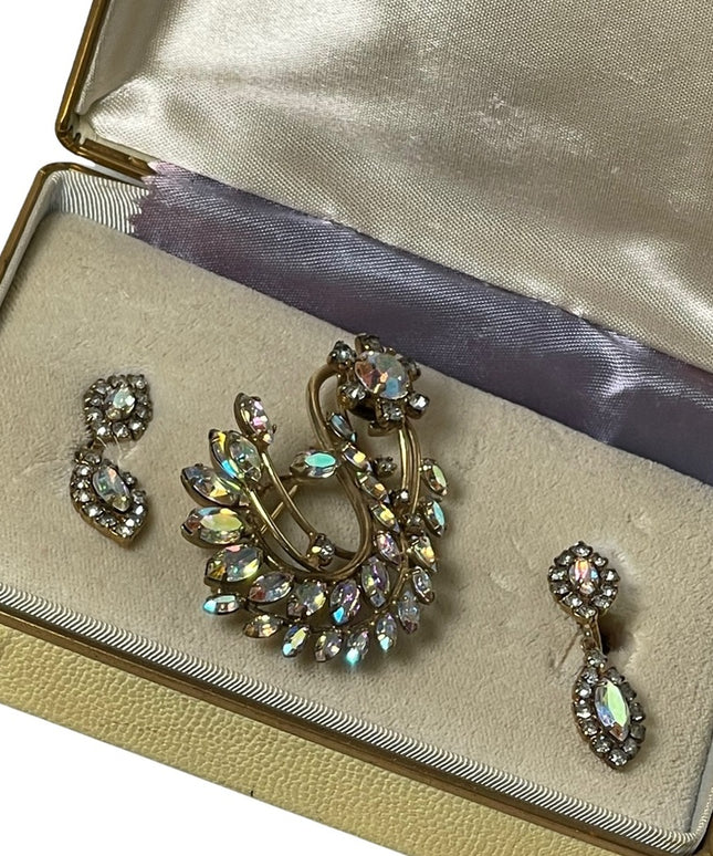 Vintage JAY FLEX Sterling AB brooch & screw back earrings Orig box 1950s