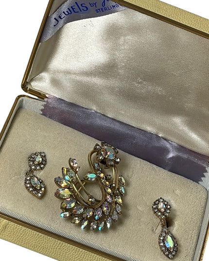Vintage JAY FLEX Sterling AB brooch & screw back earrings Orig box 1950s