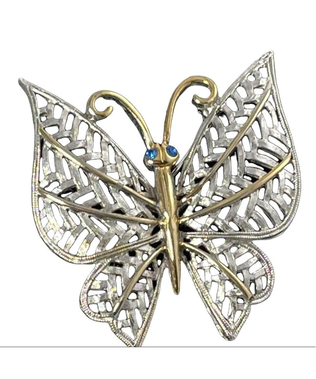 Vintage silver & gold finish large butterfly brooch