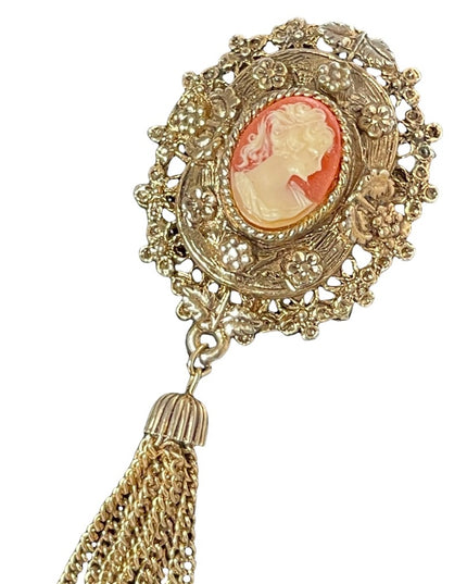 Vintage 1980s Majestic cameo brooch with tassel dangle antiqued