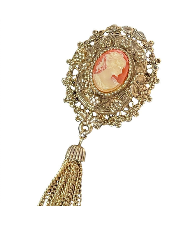 Vintage 1980s Majestic cameo brooch with tassel dangle antiqued