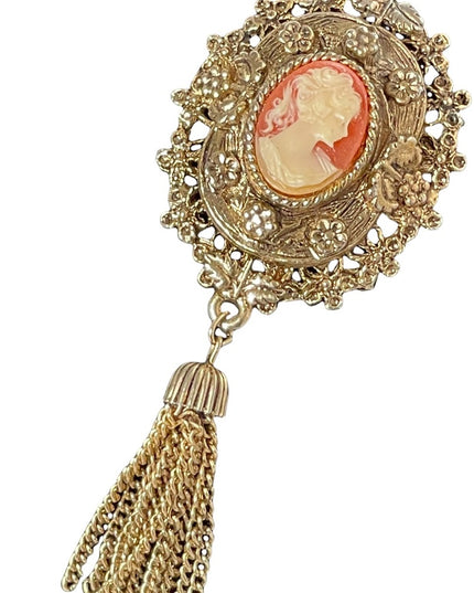 Vintage 1980s Majestic cameo brooch with tassel dangle antiqued