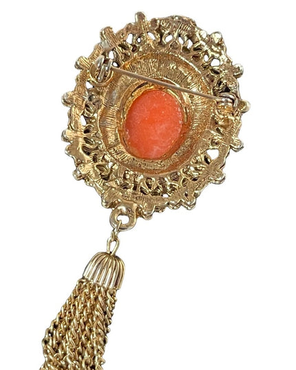 Vintage 1980s Majestic cameo brooch with tassel dangle antiqued
