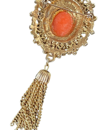 Vintage 1980s Majestic cameo brooch with tassel dangle antiqued