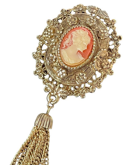 Vintage 1980s Majestic cameo brooch with tassel dangle antiqued