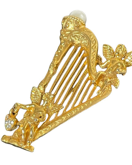 Vintage 1980s gold Irish angel cherub harp brooch large