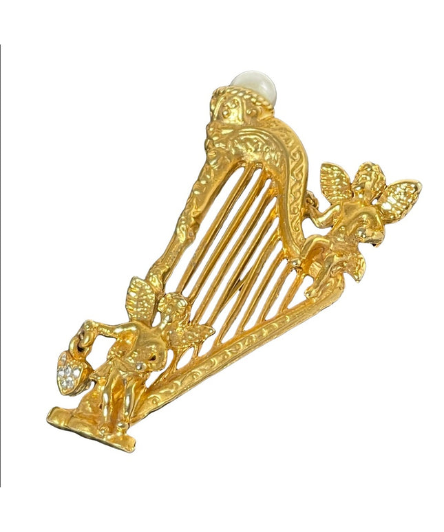 Vintage 1980s gold Irish angel cherub harp brooch large