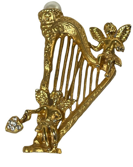 Vintage 1980s gold Irish angel cherub harp brooch large