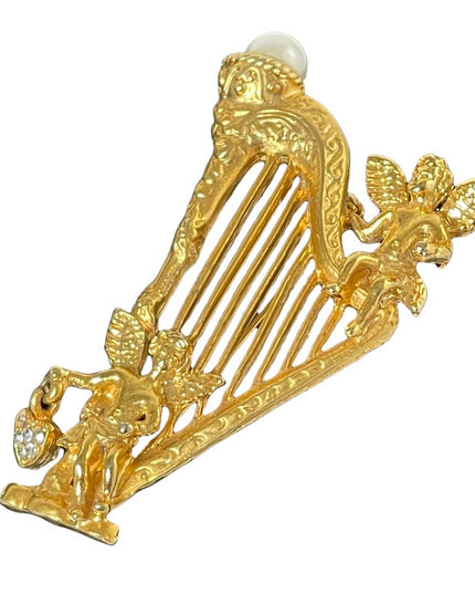 Vintage 1980s gold Irish angel cherub harp brooch large