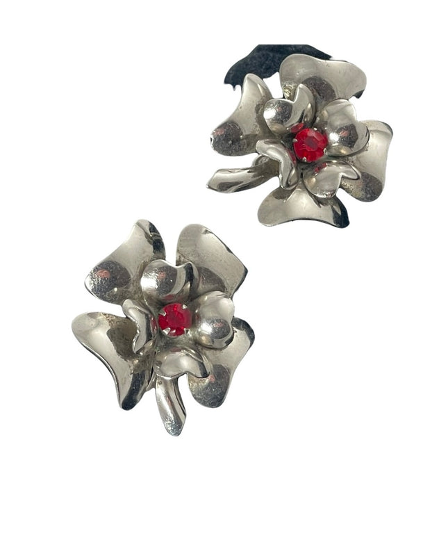 Vintage 1960s Sterling with crystal Flower screw back earrings