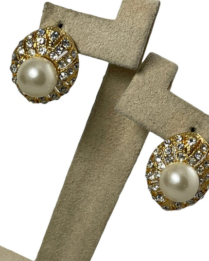 Gold pearl crystal fancy tear drop pierced earrings