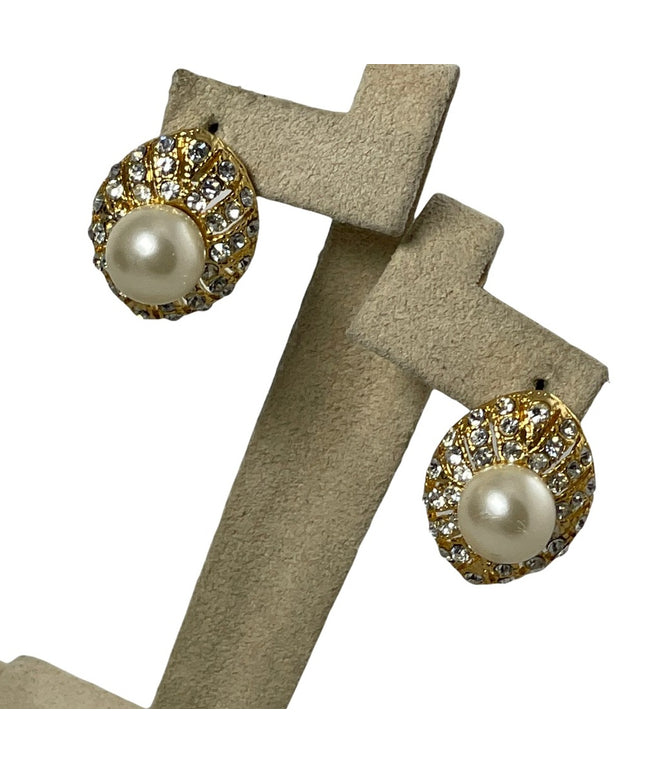 Gold pearl crystal fancy tear drop pierced earrings