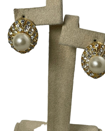 Gold pearl crystal fancy tear drop pierced earrings