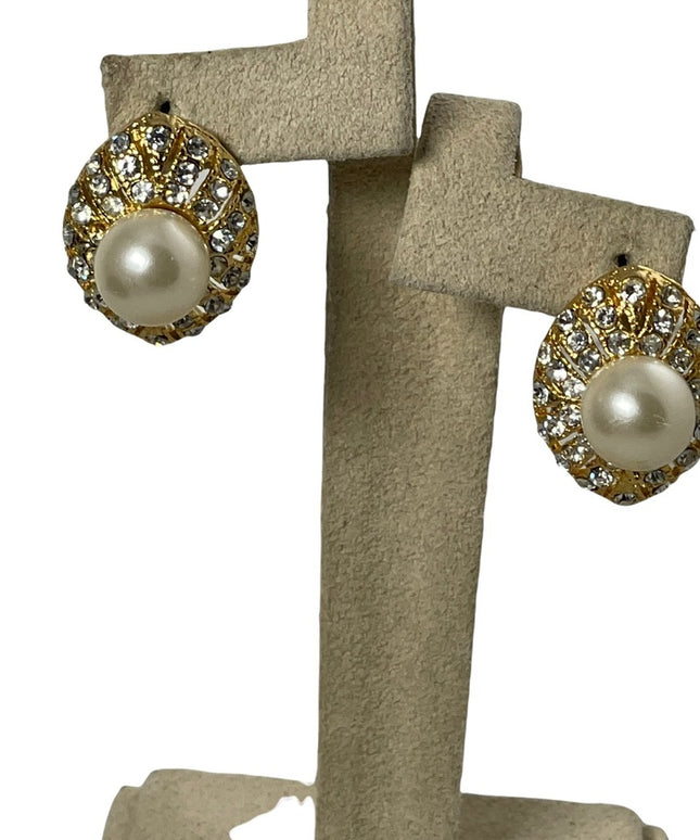 Gold pearl crystal fancy tear drop pierced earrings