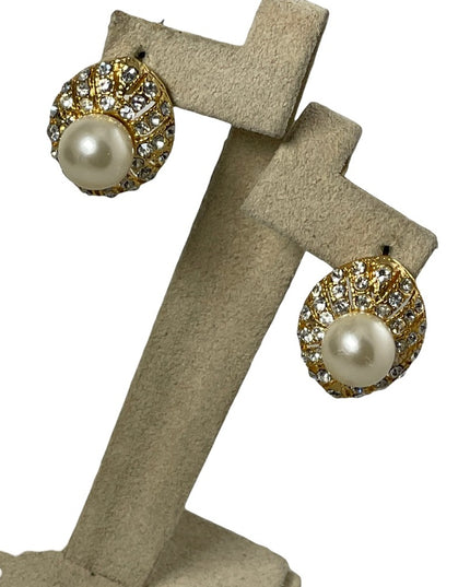 Gold pearl crystal fancy tear drop pierced earrings